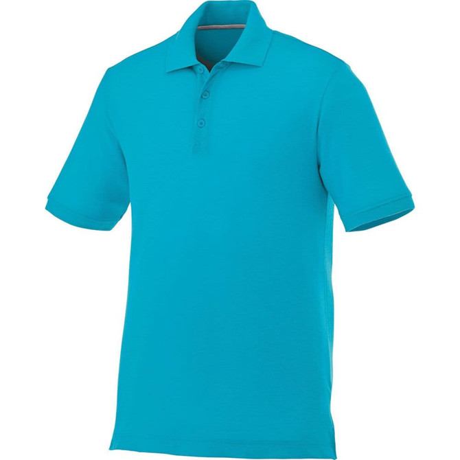 A turquoise short sleeve polo shirt with a collar and three buttons, featuring a branding logo.