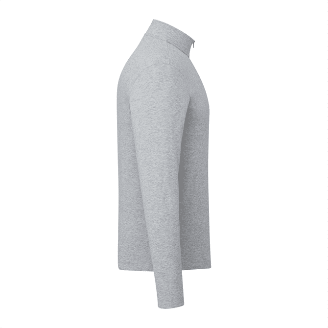 A grey knit quarter zip jacket for men with long sleeves and a collar, featuring a logo.