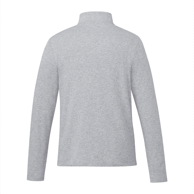 A grey quarter zip jacket for men with a high collar and long sleeves, featuring a logo on the back.