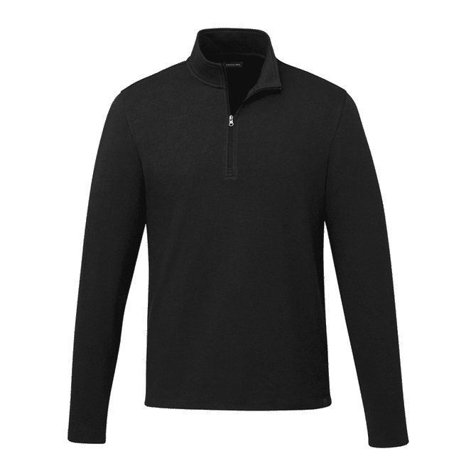 A black men's quarter zip jacket made from eco-friendly knit material, featuring long sleeves and a zippered collar.