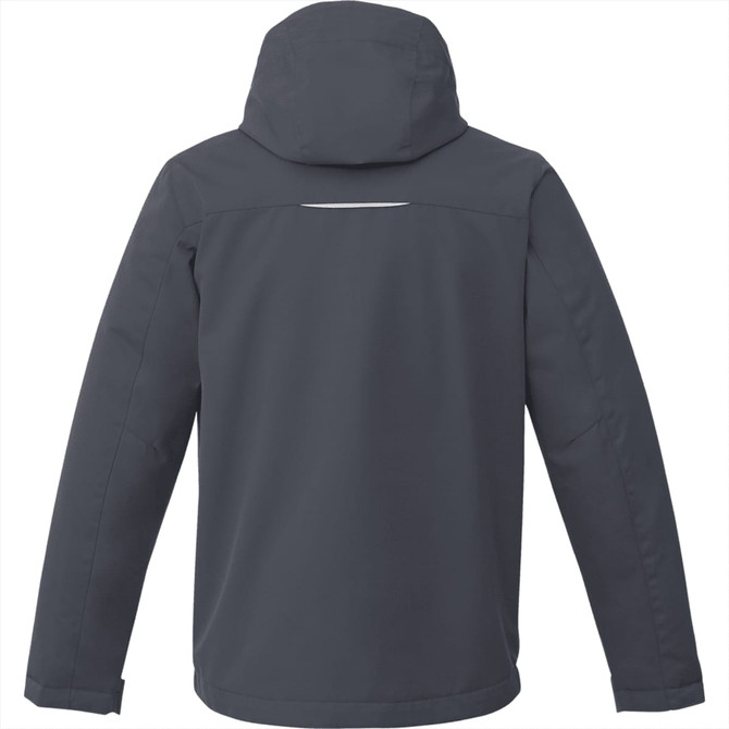 A men's fleece-lined jacket in dark grey, featuring a hood and a branded logo on the back.