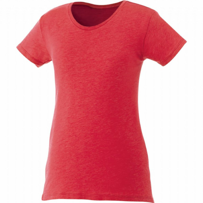 A red short sleeve women's T-shirt with a scoop neckline and a fitted silhouette. It features a logo.