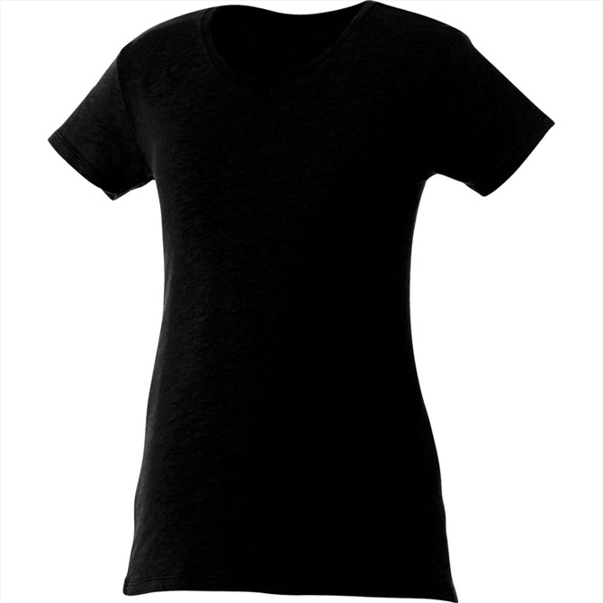 A black women's short sleeve tee with a v-neck design. The fabric appears soft and casual, featuring a logo.