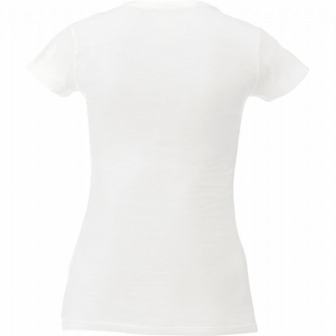 A white women's short sleeve tee featuring a fitted design and a subtle logo. Clear, minimalist back view.