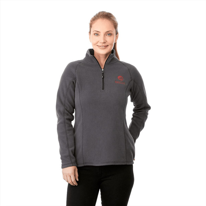 A women’s half-zip polar fleece jacket in grey, featuring a branding logo on the chest.