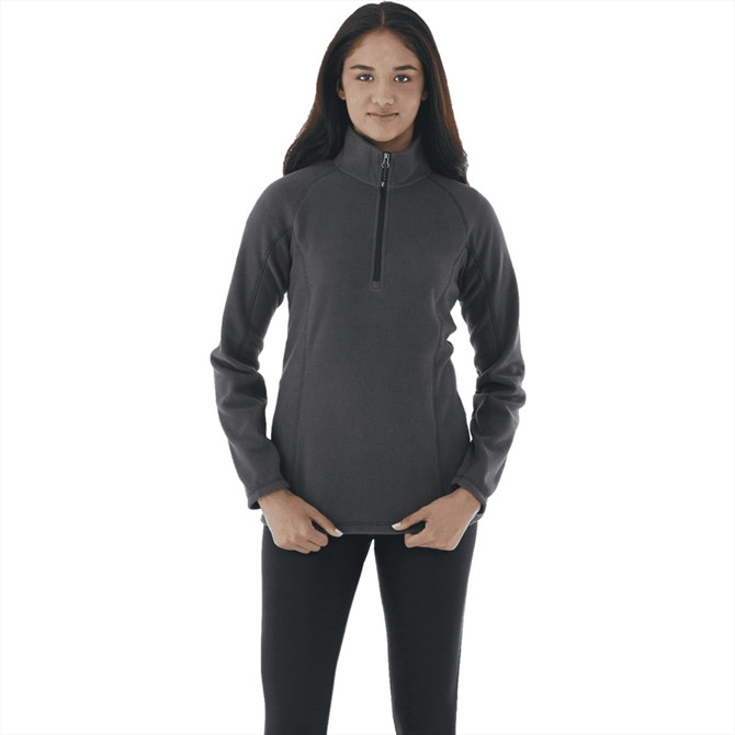 A women's half-zip polar fleece jacket in dark grey, featuring long sleeves and a stand collar. It has a logo.