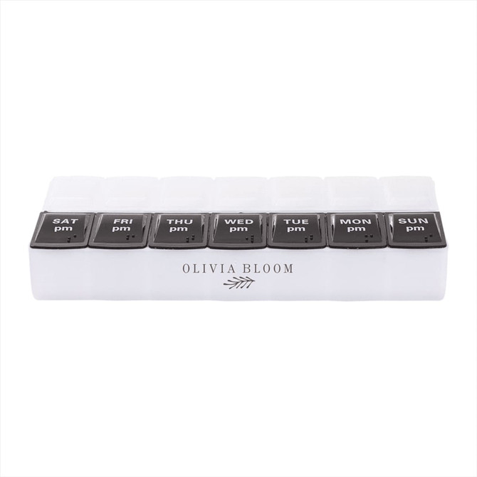 A clear pill case with eight compartments labelled for days of the week, featuring black lids and a logo.