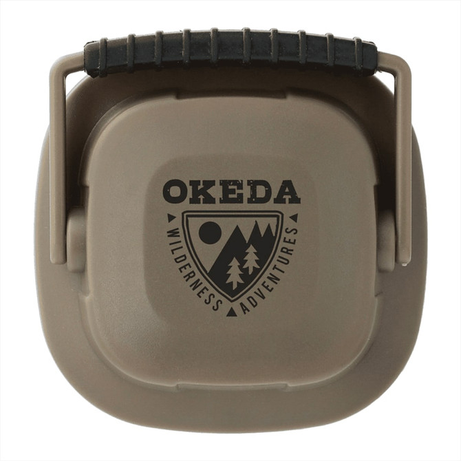 A compact, khaki-coloured mini camping lantern with a handle and a logo on the front.