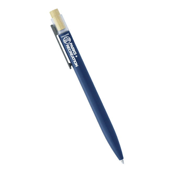 A blue recycled aluminium pen with a bamboo clicker and a clip, featuring a logo on the barrel.