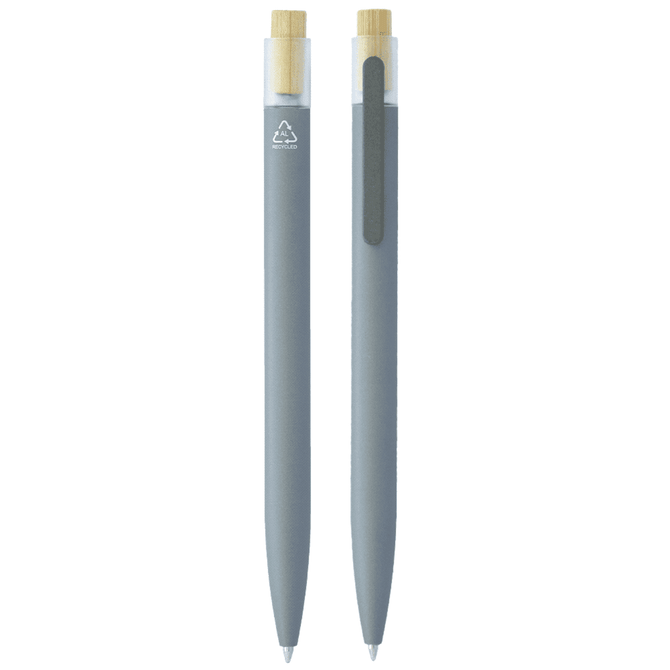 Recycled aluminium pen with bamboo clicker. Grey body with bamboo accents. Includes a logo.