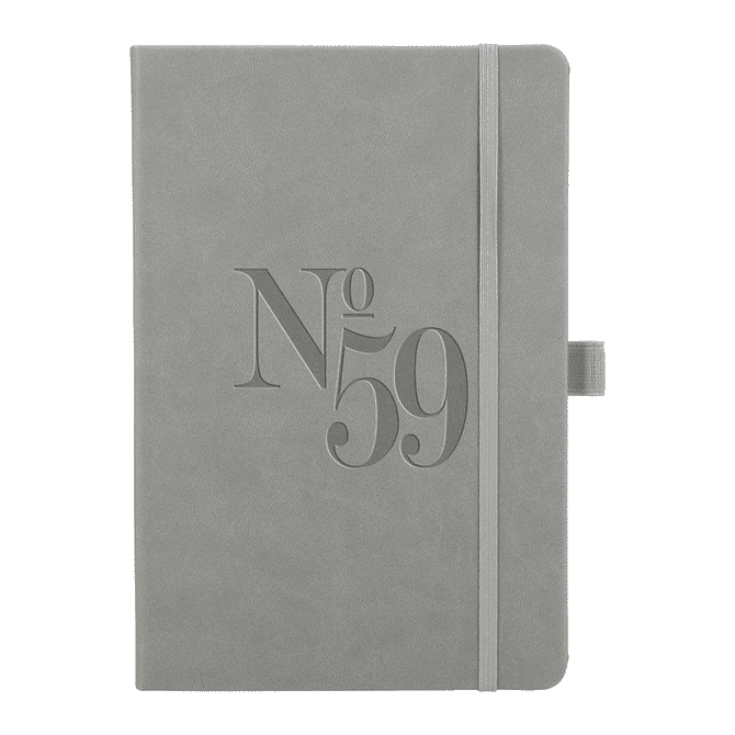 A grey hard-bound journal with an embossed design and an elastic closure. It includes a logo on the cover.