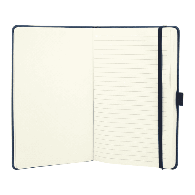 A navy blue hardbound journal with lined pages and a ribbon bookmark. It features a logo on the cover.