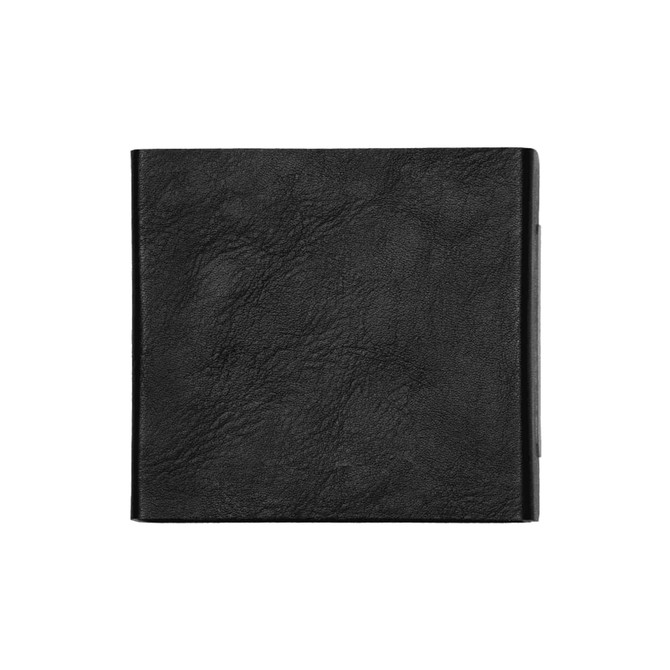 A black leather wallet with a textured surface and a closed design. It features a branding logo in one corner.