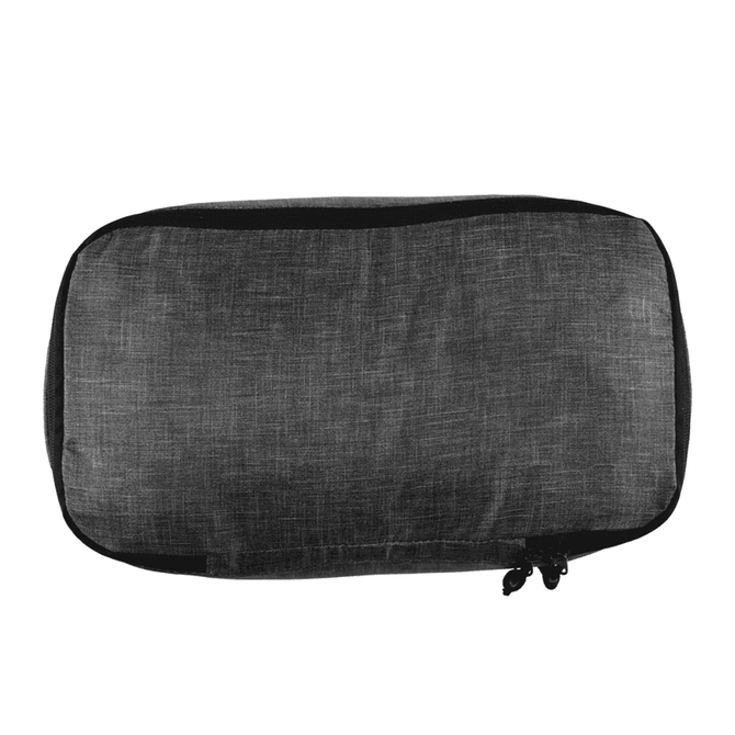 A dark grey packing cube with a zip closure, featuring a simple design and a logo.