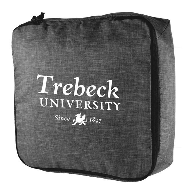 A dark grey packing cube with a zipper and a logo printed on the front.