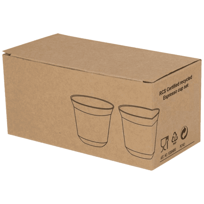 A recycled espresso cup set in a cardboard box, featuring two cups in a simple, rounded design.