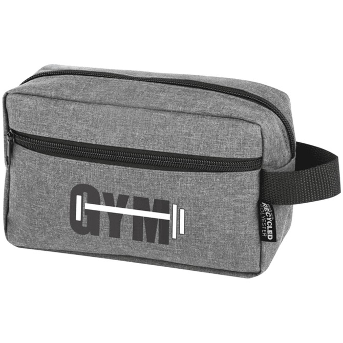 A grey toiletry bag with a zippered compartment, featuring a branding logo and a gym-themed design.