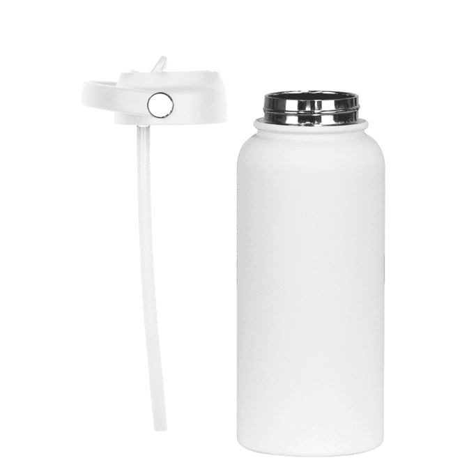 A drink bottle in white with a silver cap, featuring a removable straw and a logo.