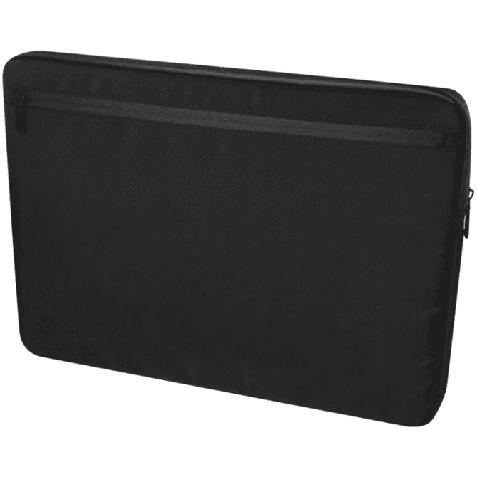 A black recycled laptop sleeve featuring a zippered pocket and a minimalist design, suitable for 15.6" laptops.