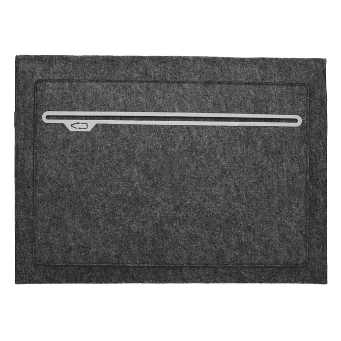 A grey felt laptop sleeve with a sleek design and a subtle zipper. Features a branding logo.