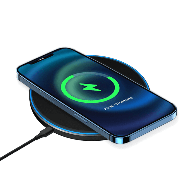 A wireless charger with a black base and blue rim, featuring a smartphone displaying a charging indicator.