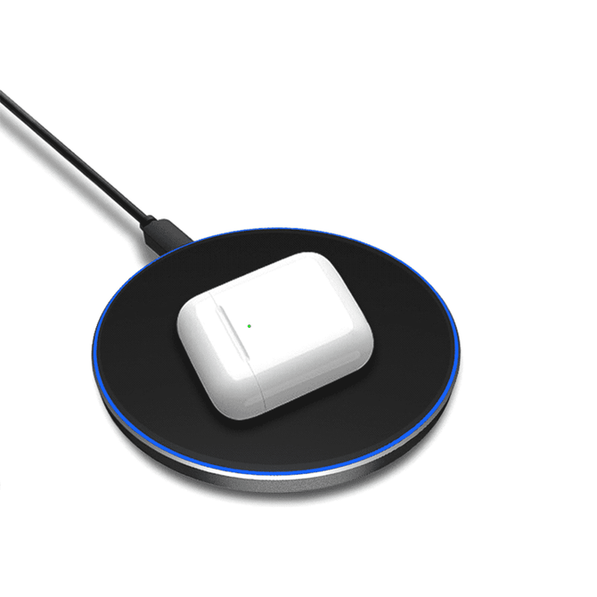 A black Qi wireless charger with a white charging case placed on top, featuring a blue light ring.