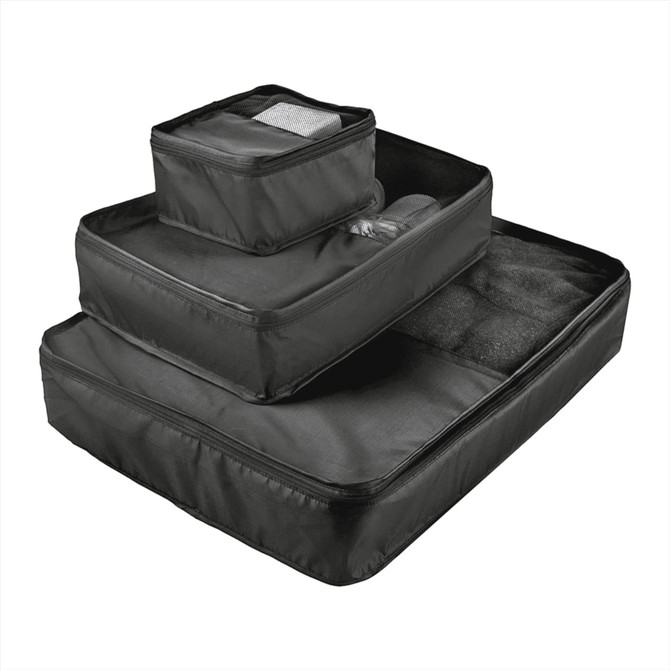 A set of three black packing cubes in various sizes, featuring mesh and zippered compartments.