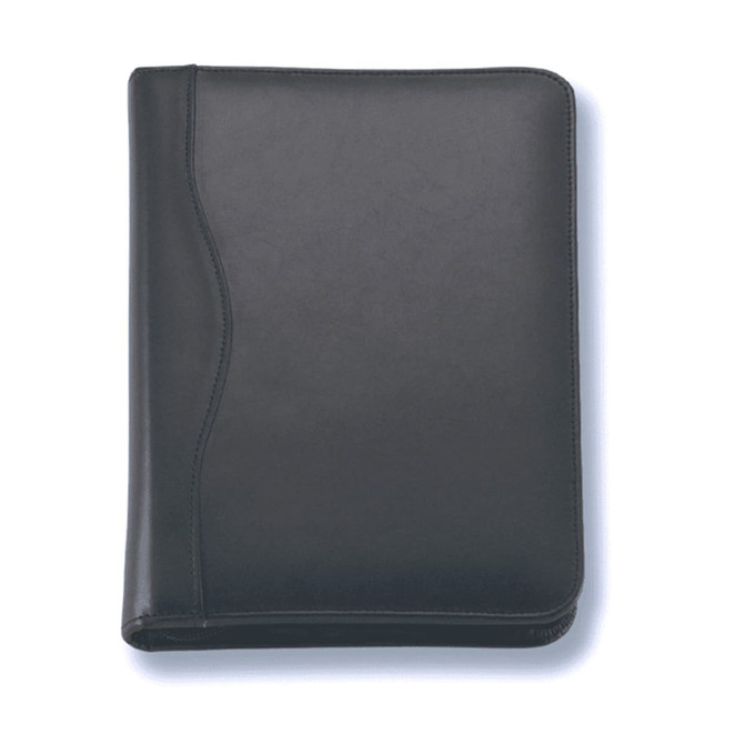 A black leather compendium with a smooth finish, featuring a subtle curved design on the cover.