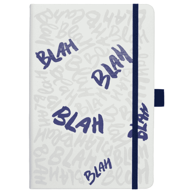 A white journal with blue accents and a textured cover featuring the word "Blah" in a repeating pattern.