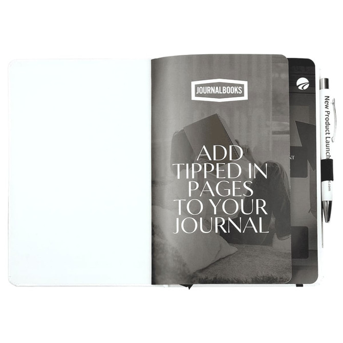 A white bound journal with coloured accents, featuring blank pages and a pen, open to reveal its inner contents.