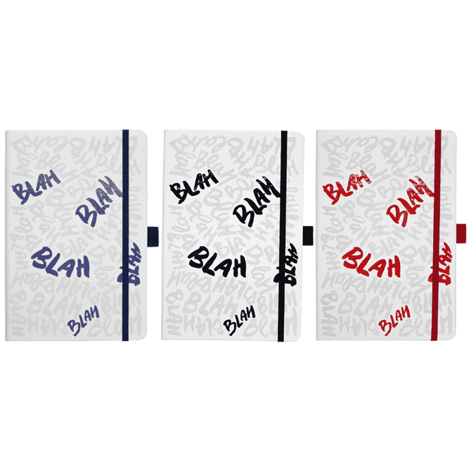A bound journal with white covers and coloured accents in navy, black, and red, featuring playful text designs.