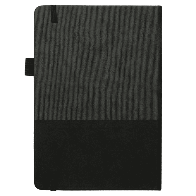 A5 Thermo Notebook in black with a textured finish, featuring a logo and an elastic band closure.
