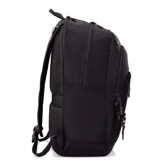 A black High Sierra Extension Backpack 39L with multiple zippers and adjustable straps. Features a logo.