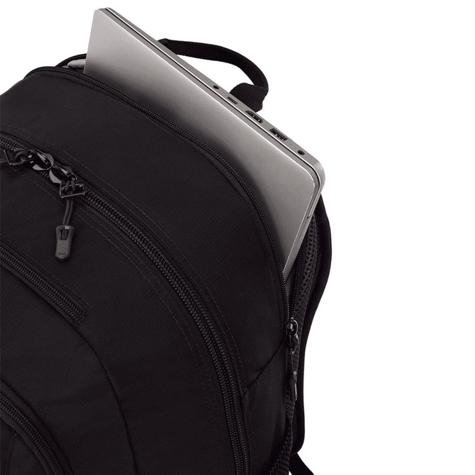 A black backpack with multiple zippered compartments, featuring a laptop partially visible from one of the openings.