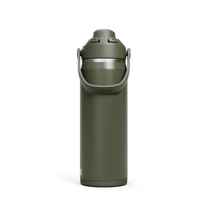 A drink bottle in an olive green colour with a silver cap and a handle, featuring a logo.
