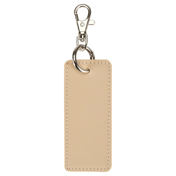 A rectangular keychain in a light beige colour with metal clip and keyring, featuring a simple, sleek design.