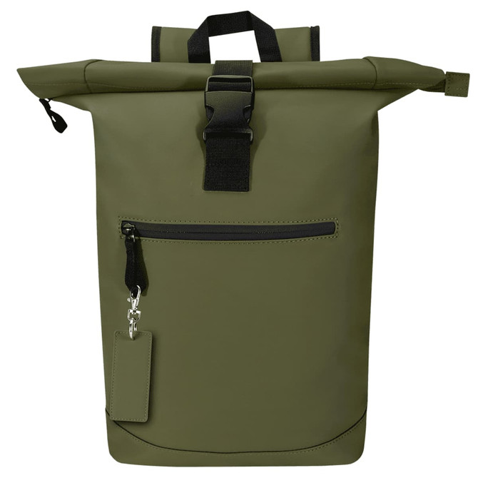 An olive green roll-top backpack with a front zip pocket and a detachable tag. It features a sturdy black clip closure.