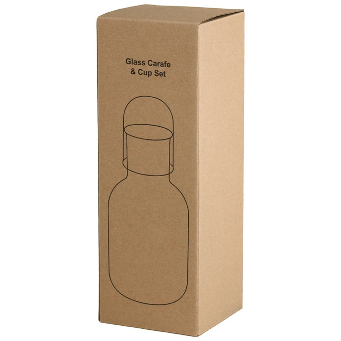 A cardboard box containing a glass carafe and cup set. The design is in a minimalist style with a simple outline.