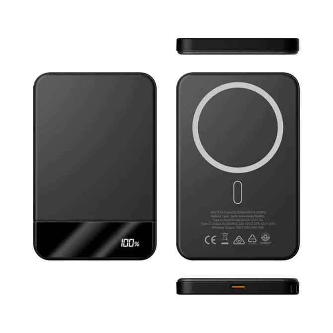 A sleek black MagSafe wireless power bank with a 5000 mAh capacity and a circular charging pad design.