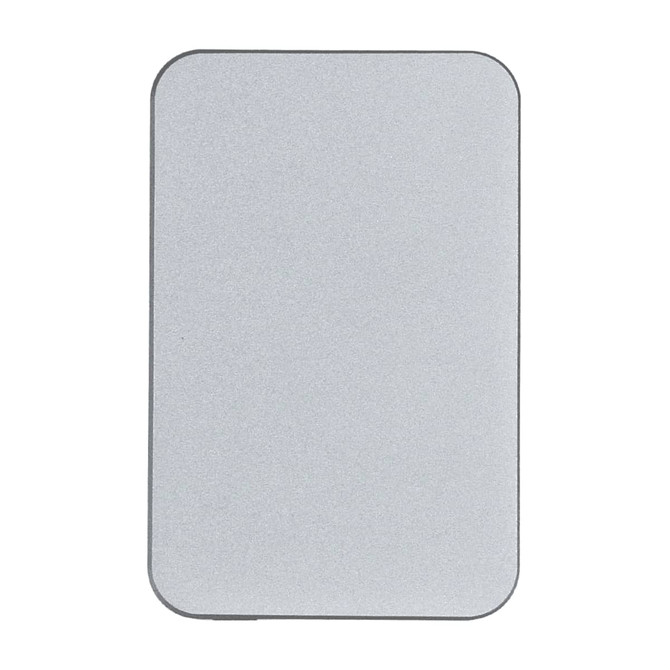 A rectangular silver power bank with rounded edges, featuring a simple design and a logo.