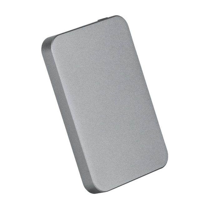 A sleek, silver power bank with a slim profile and a subtle logo on the surface.