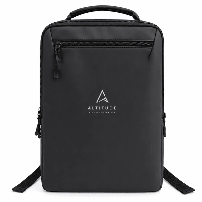 A black backpack with a minimalist design, featuring a logo and multiple zippers for storage.