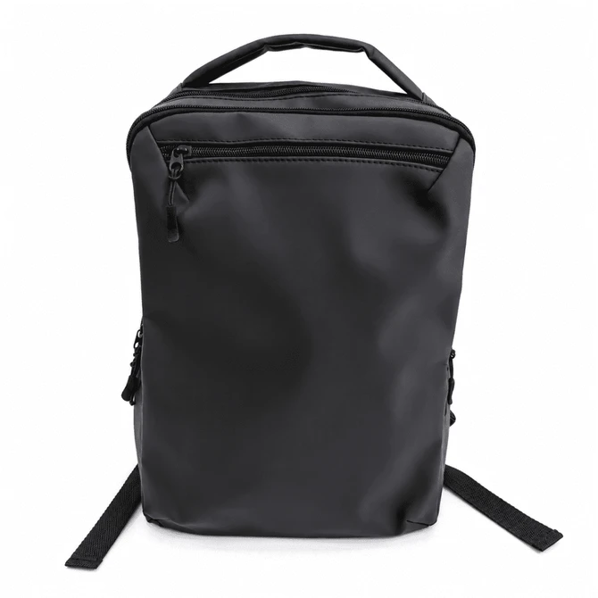 A black soft PU backpack with a top handle, zippered front pocket, and adjustable shoulder straps. Features a logo.