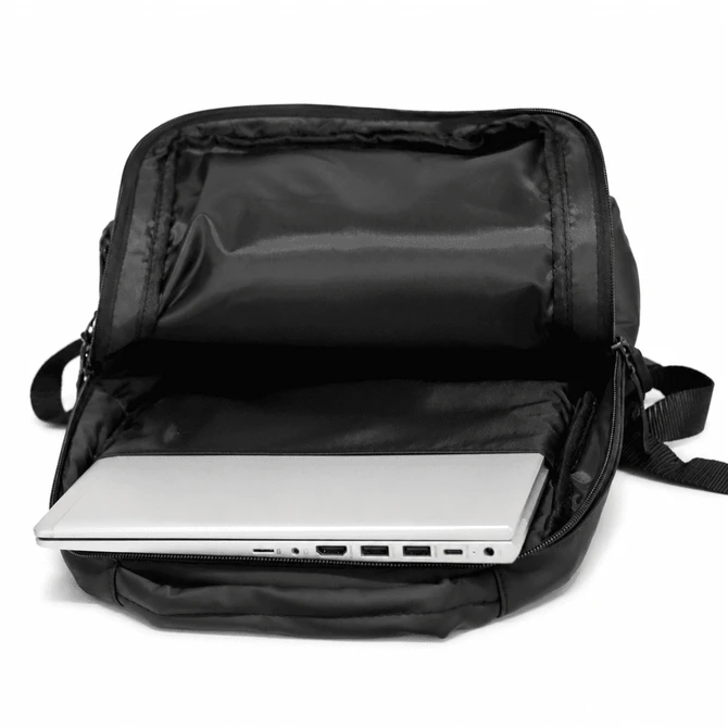 A black soft PU backpack with an open compartment featuring a silver laptop inside.