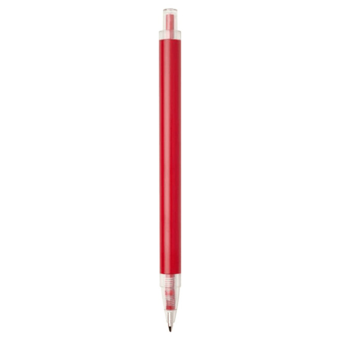 A recycled aluminium ballpoint pen in bright red, featuring a transparent grip and a pen tip. It has a logo.