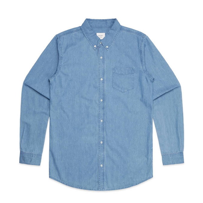 A blue denim shirt with long sleeves, button-up front, and a chest pocket. Features a brand logo.