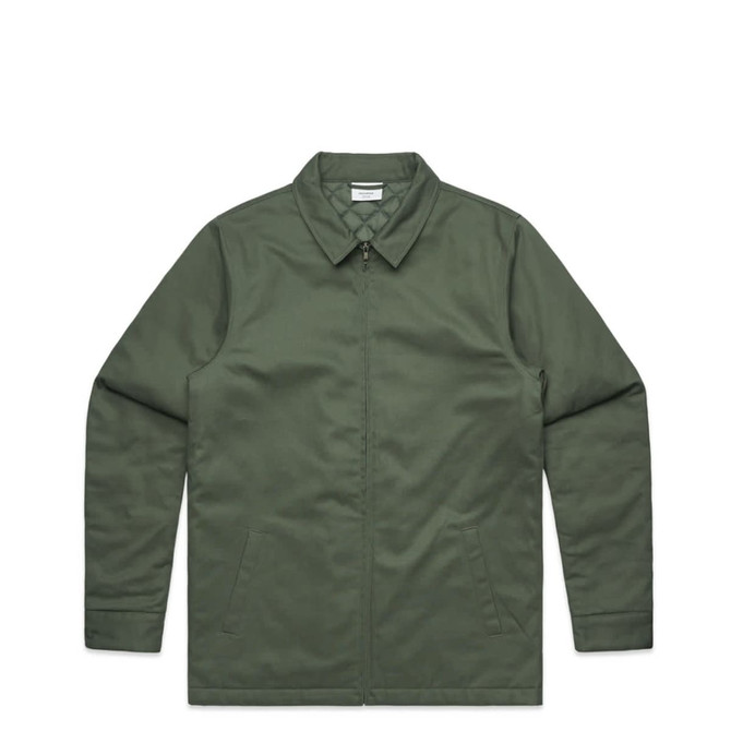 A green jacket with a collared neck and front zip, featuring side pockets and a logo.