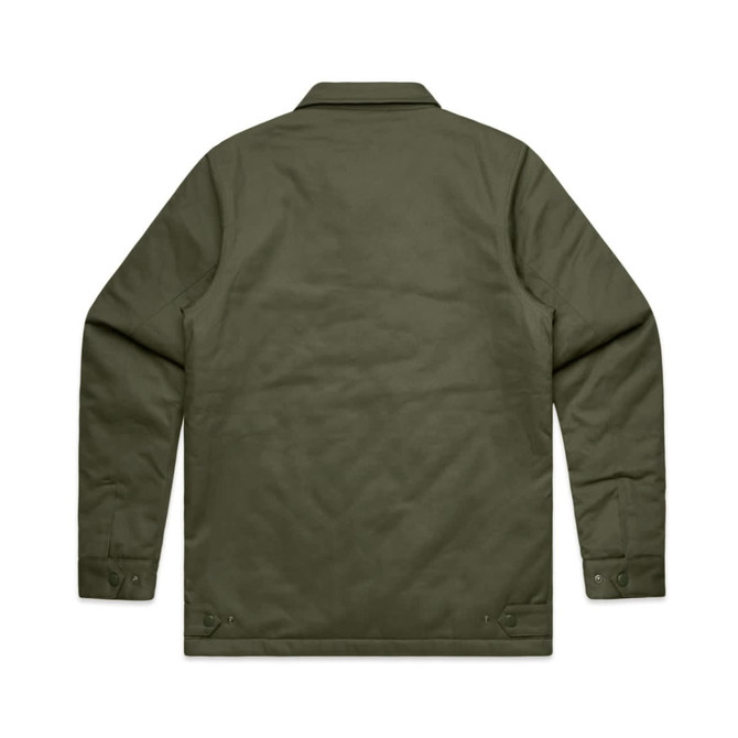A green service jacket with a plain design and a logo on the back. Features a collared neck and button closures.
