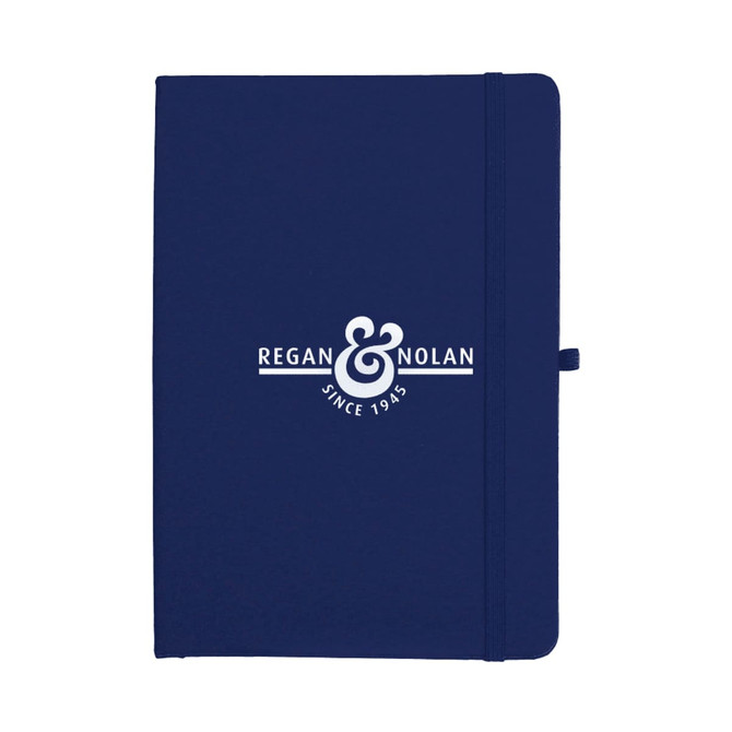 A navy A5 journal with an elastic closure and a logo on the front cover.