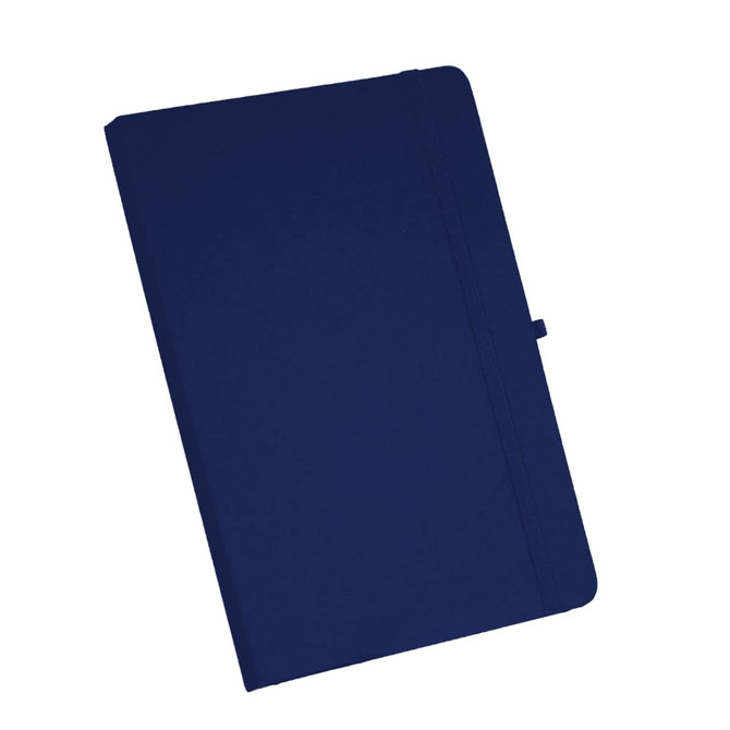 A navy A5 journal with a smooth cover, featuring an elastic band closure and a subtle logo.